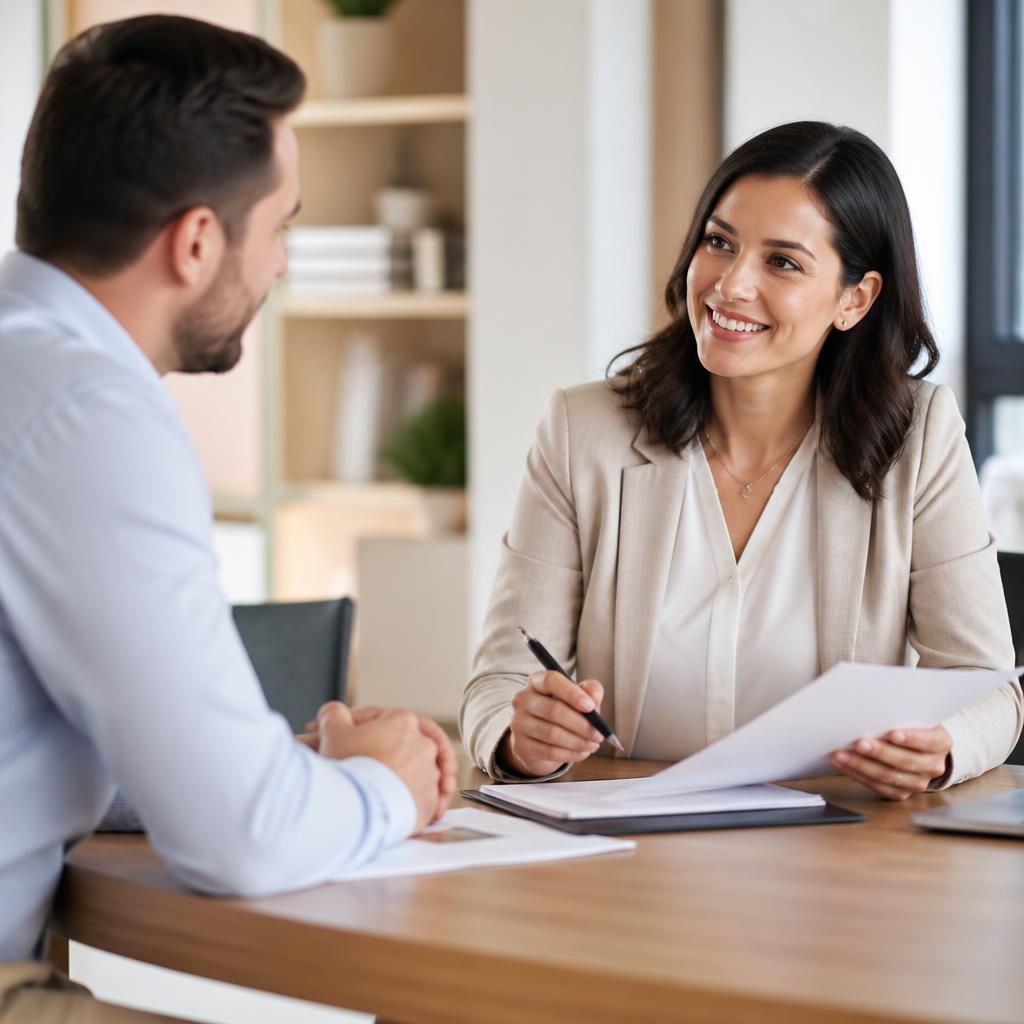 Tax advisor meeting with a client in a warm, modern office