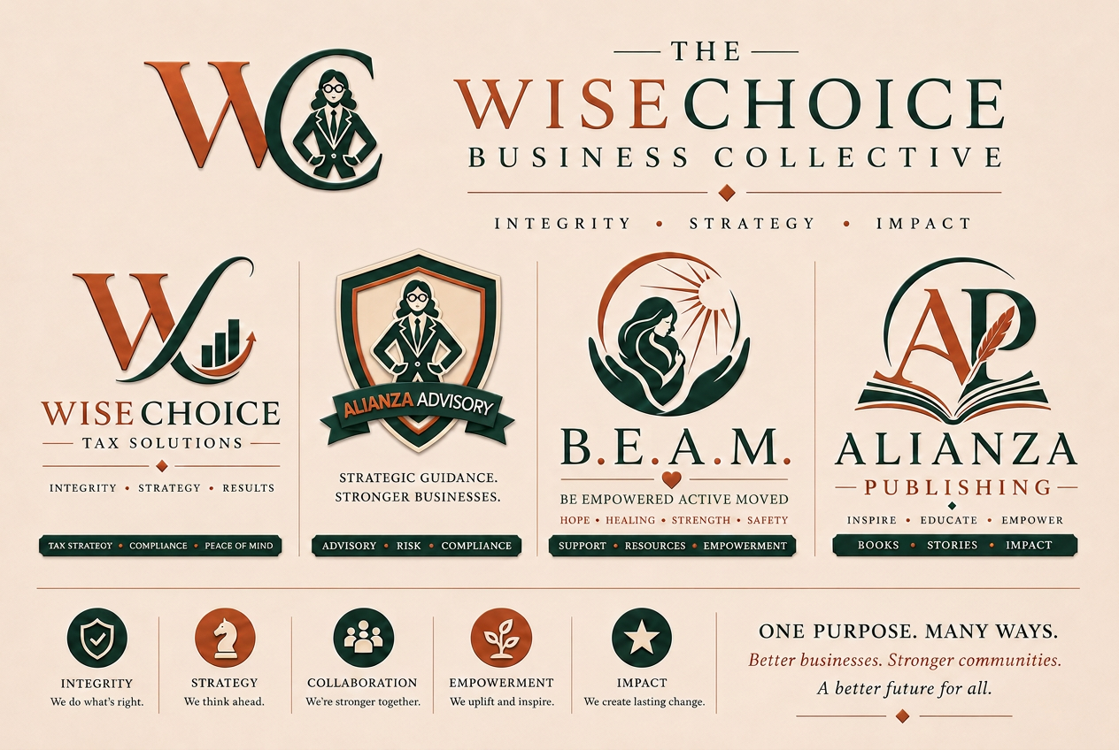 The WiseChoice Business Collective — brand family featuring WiseChoice Tax Solutions, Alianza Advisory, B.E.A.M., and Alianza Publishing
